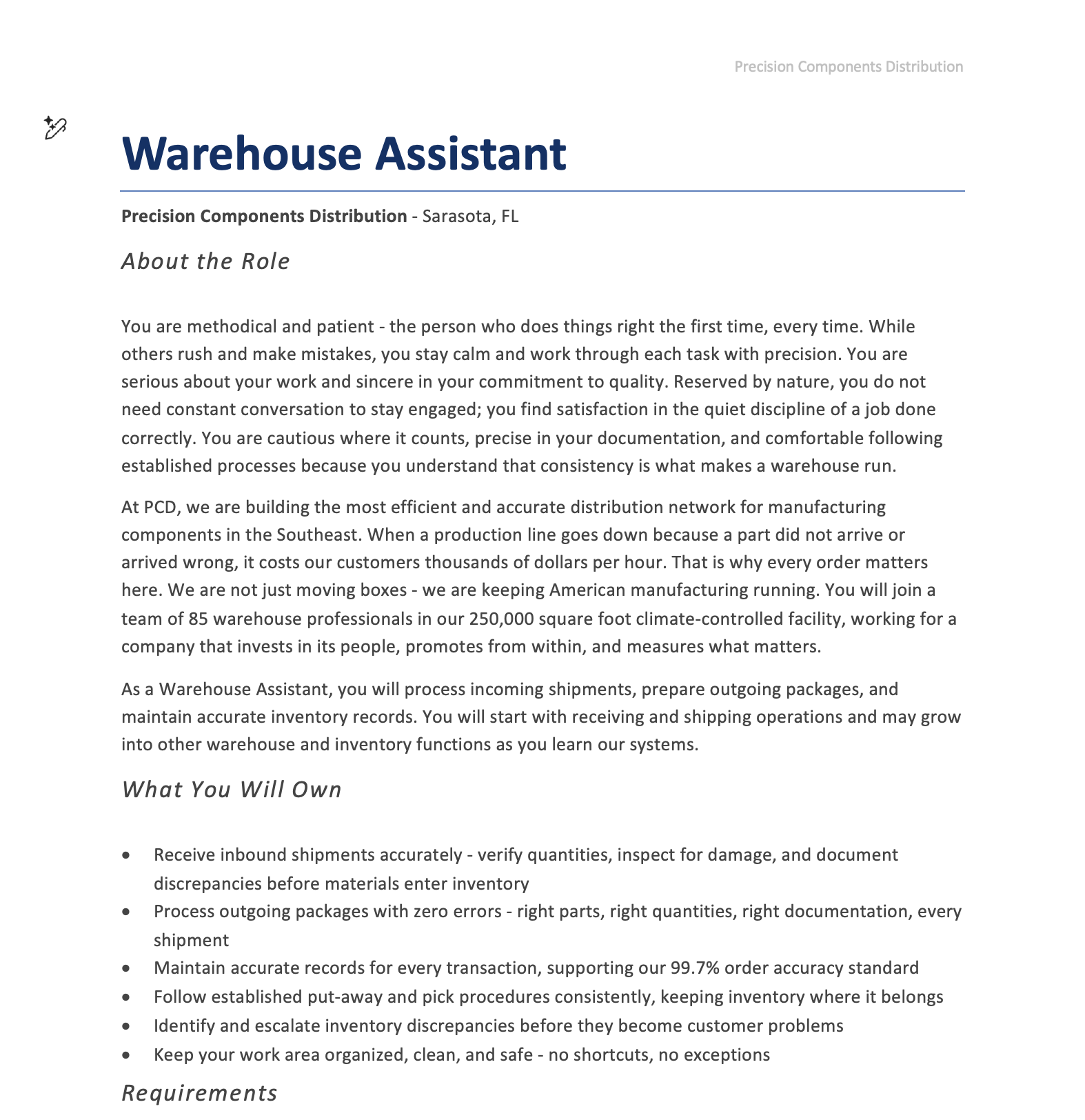 Word document output showing professionally formatted Warehouse Assistant job description